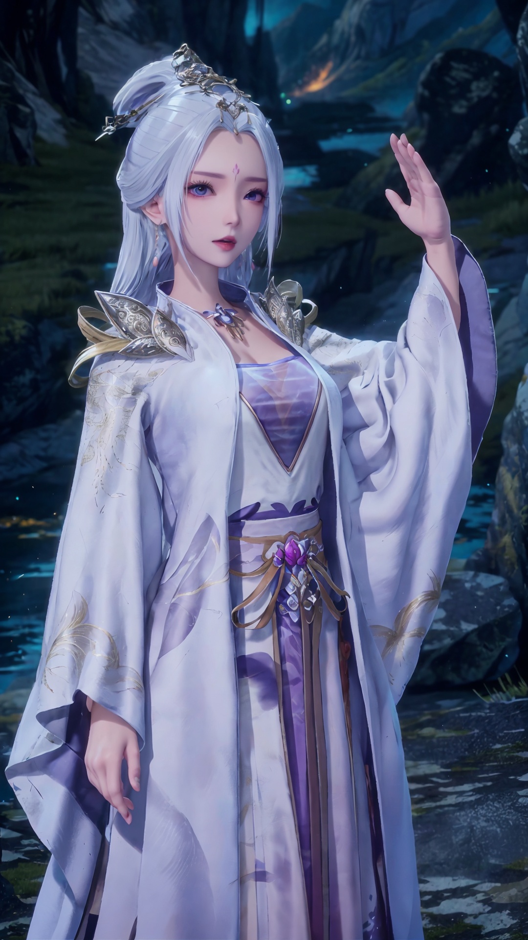  masterpiece,best quality,1girl, jewelry, solo, earrings, hair ornament, purple eyes, necklace, forehead mark, facial mark, chinese clothes, dress, long hair, hair stick, white hair, cowboy shot, dynamic pose, dynamic angle