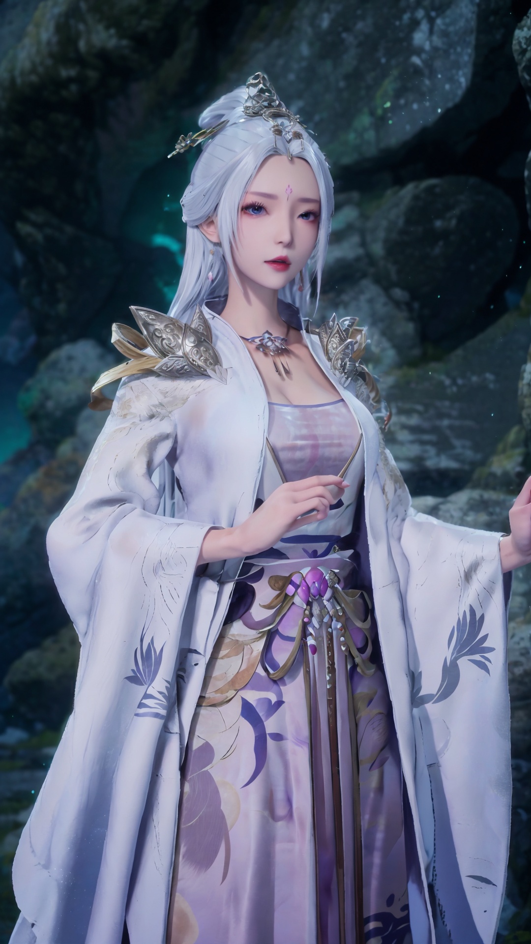  masterpiece,best quality,1girl, jewelry, solo, earrings, hair ornament, purple eyes, necklace, forehead mark, facial mark, chinese clothes, dress, long hair, hair stick, white hair, cowboy shot, dynamic pose, dynamic angle, 1girl