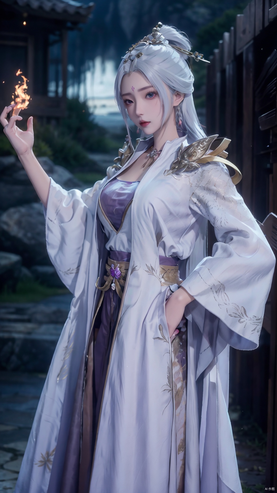  masterpiece,best quality,1girl, jewelry, solo, earrings, hair ornament, purple eyes, necklace, forehead mark, facial mark, chinese clothes, dress, long hair, hair stick, white hair, cowboy shot, dynamic pose, dynamic angle,