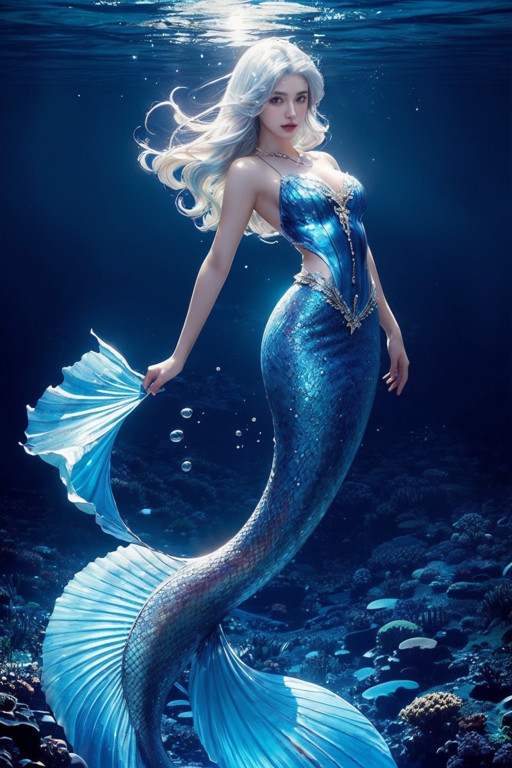 A mermaid,upper body tight fitting clothing,underwater,leaning against the sea,white hair,realistic style with fantasy elements,real characters have fish tails,high-definition,realistic Baby blue and light black,charming realistic characters,shiny skin,Surrealism,detailed clothing,The Tyndall effect,The Holy sky light enhances your features and highlights your eyes. You are the star of the show,(chiaroscuro,Fujicolor, UHD, super detail ,raw,85mm,f/1.2,FujifilmXT4,),<lora:mermaid_20231203140950-000008:0.6>,