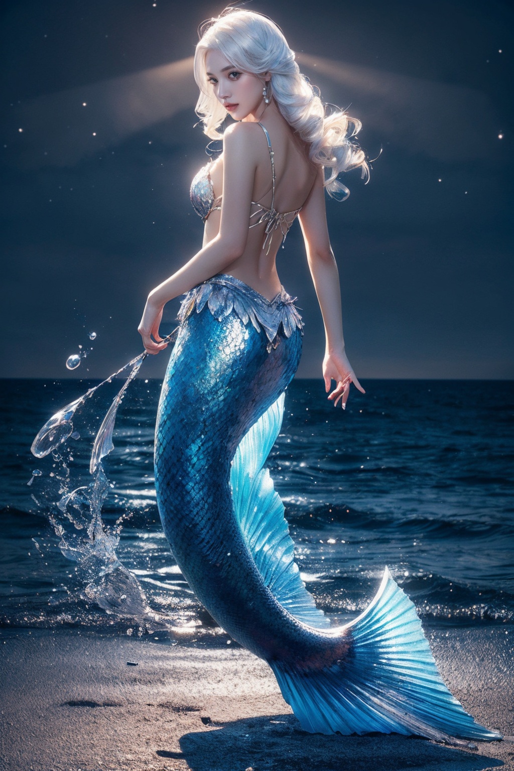 A mermaid,leaning against the sea,white hair,realistic style with fantasy elements,real characters have fish tails,high-definition,realistic Baby blue and light black,charming realistic characters,shiny skin,Surrealism,detailed clothing,The Tyndall effect,The Holy sky light enhances your features and highlights your eyes. You are the star of the show,(chiaroscuro,Fujicolor, UHD, super detail ,raw,85mm,f/1.2,FujifilmXT4,),<lora:mermaid_20231203140950-000008:0.6>, 