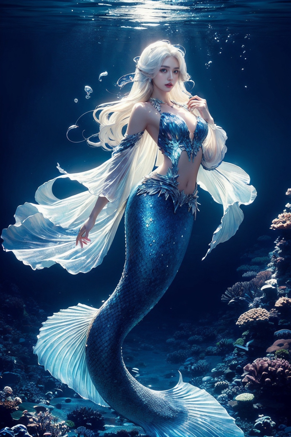 A mermaid,upper body tight fitting clothing,underwater,leaning against the sea,white hair,realistic style with fantasy elements,real characters have fish tails,high-definition,realistic Baby blue and light black,charming realistic characters,shiny skin,Surrealism,detailed clothing,The Tyndall effect,The Holy sky light enhances your features and highlights your eyes. You are the star of the show,(chiaroscuro,Fujicolor, UHD, super detail ,raw,85mm,f/1.2,FujifilmXT4,),<lora:mermaid_20231203140950-000008:0.6>,