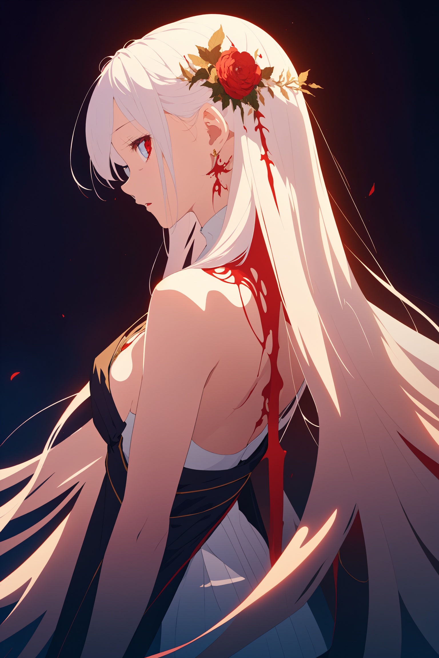 a pale female with white skin,  long flowy hair,  blood dripping from above on Tensor.Art