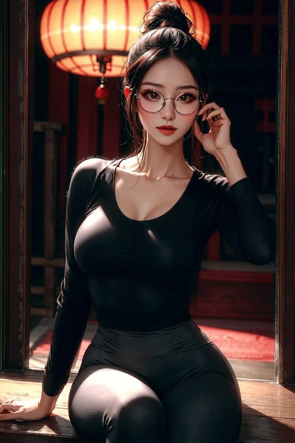  frameless glasses eyewear,chinese clothes ,yoga pants,High-quality photography- Master's work- Detailed face description- Cute girl- Sexy pose- Fashionable woman- Confident expression- Photography- Center of focus is fashion.,in the dark,deep shadow,