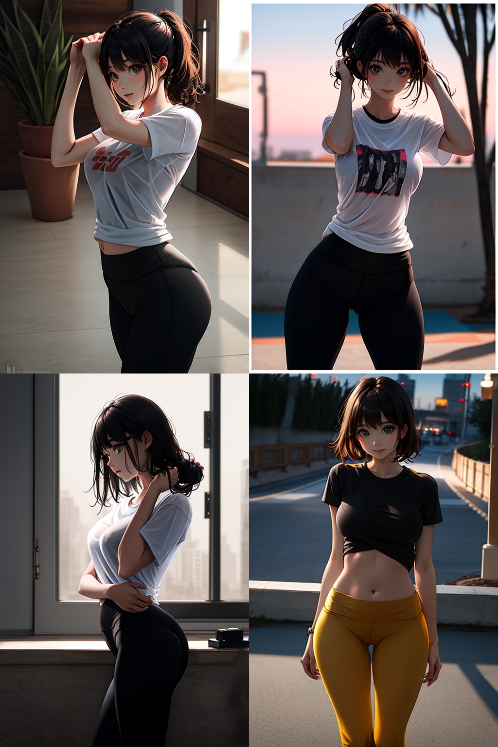 tshirt,yoga pants,cowboy shot,- High-quality photography- Master's work- Detailed face description- Cute girl- Sexy pose- Fashionable woman- Confident expression- Photography- Center of focus is fashion.,in the dark,deep shadow,  <lora:SIFANG-000004:1>