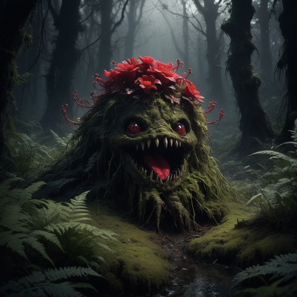 highly detailed horror photo of a shambling mound emerging from the darkness of a swampy dark forest,  shambling mound,  f...