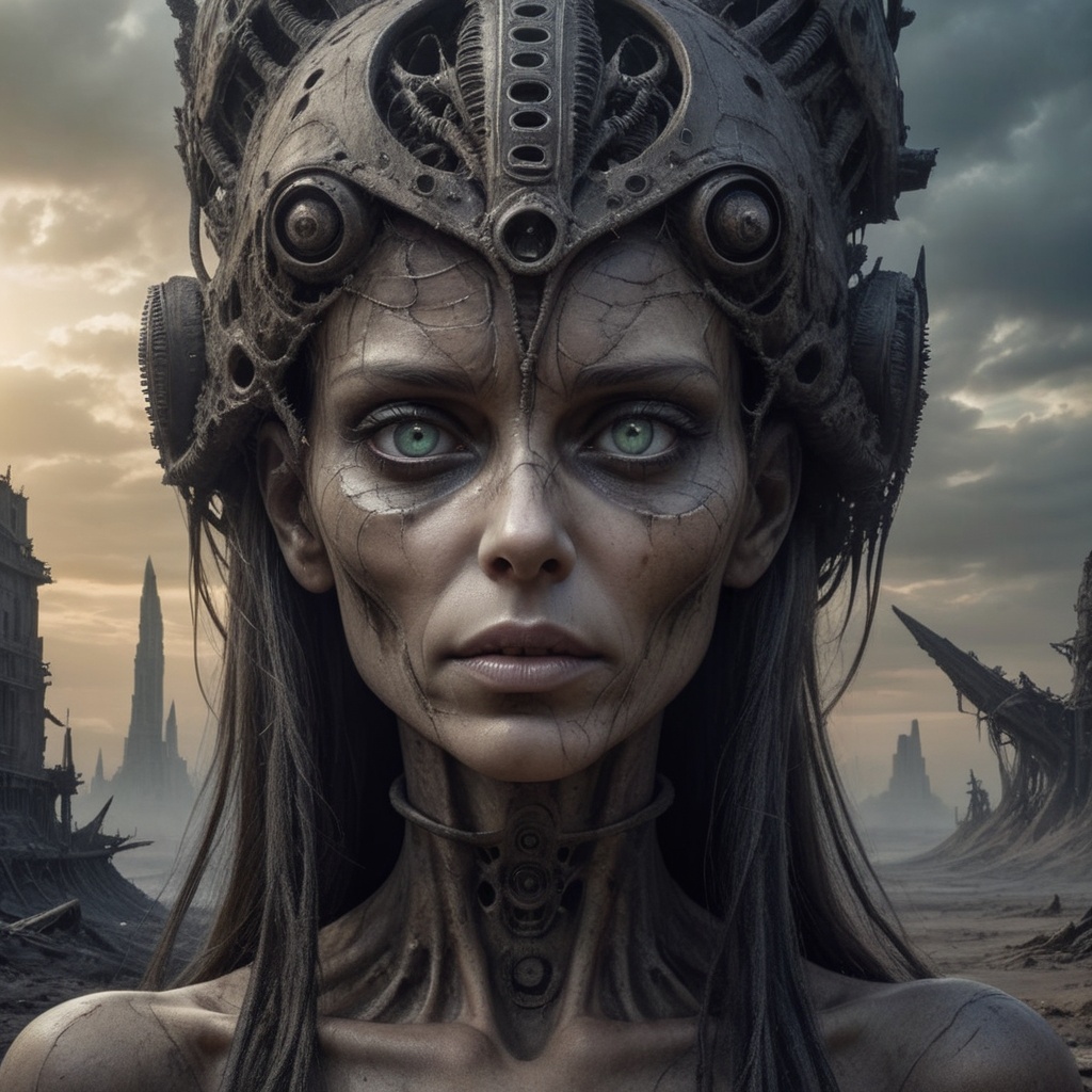 beautiful survivor lady with stunning eyes,  strange shapes in the sky,  post-apocalyptic on Tensor.Art