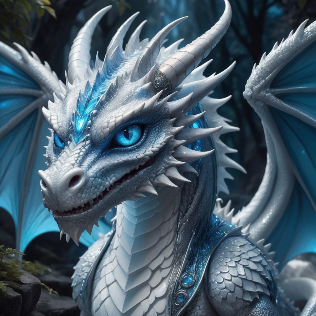 Craft an enchanting fantasy scene featuring a beautiful silver-white biometric dragon with glowing,  shiny biometrical fea...
