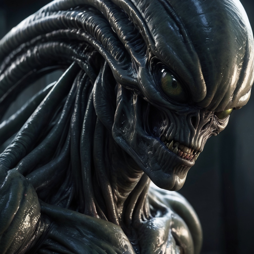 Generate hyper realistic image of an exquisitely detailed and visually immersive extremly close up portrait of the alien c...