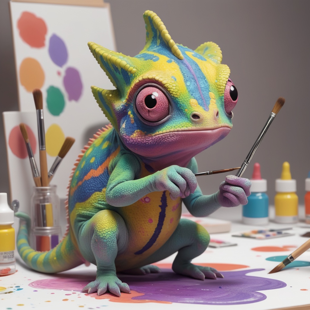 kawaii Chameleon Painter changing its body colors to match its vibrant painting. Render this in an anime style,  focusing...