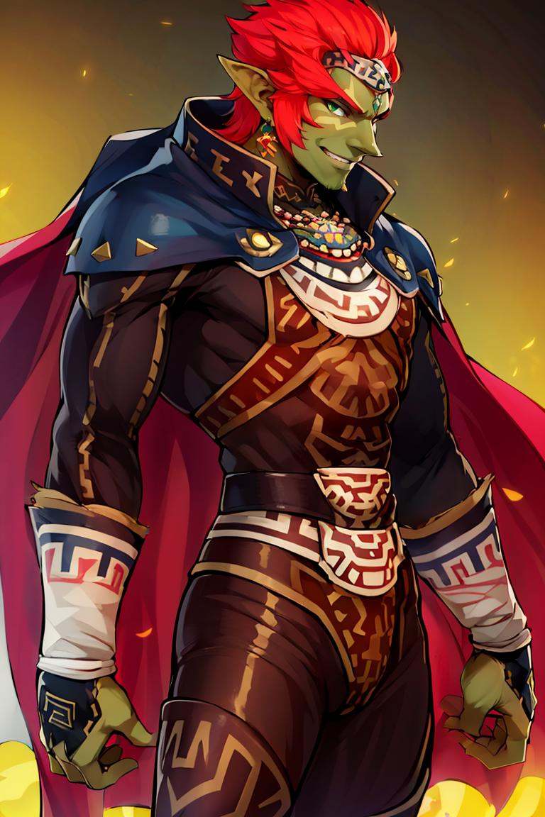 <lora:ricegnat_style:0.8>,((masterpiece,best quality)), absurdres, <lora:OoT_Ganondorf_Zelda_Anime:0.8>, OoT_Ganondorf_Zelda, solo, (green skin), cape, solo, smiling, looking at viewer, cowboy shot,