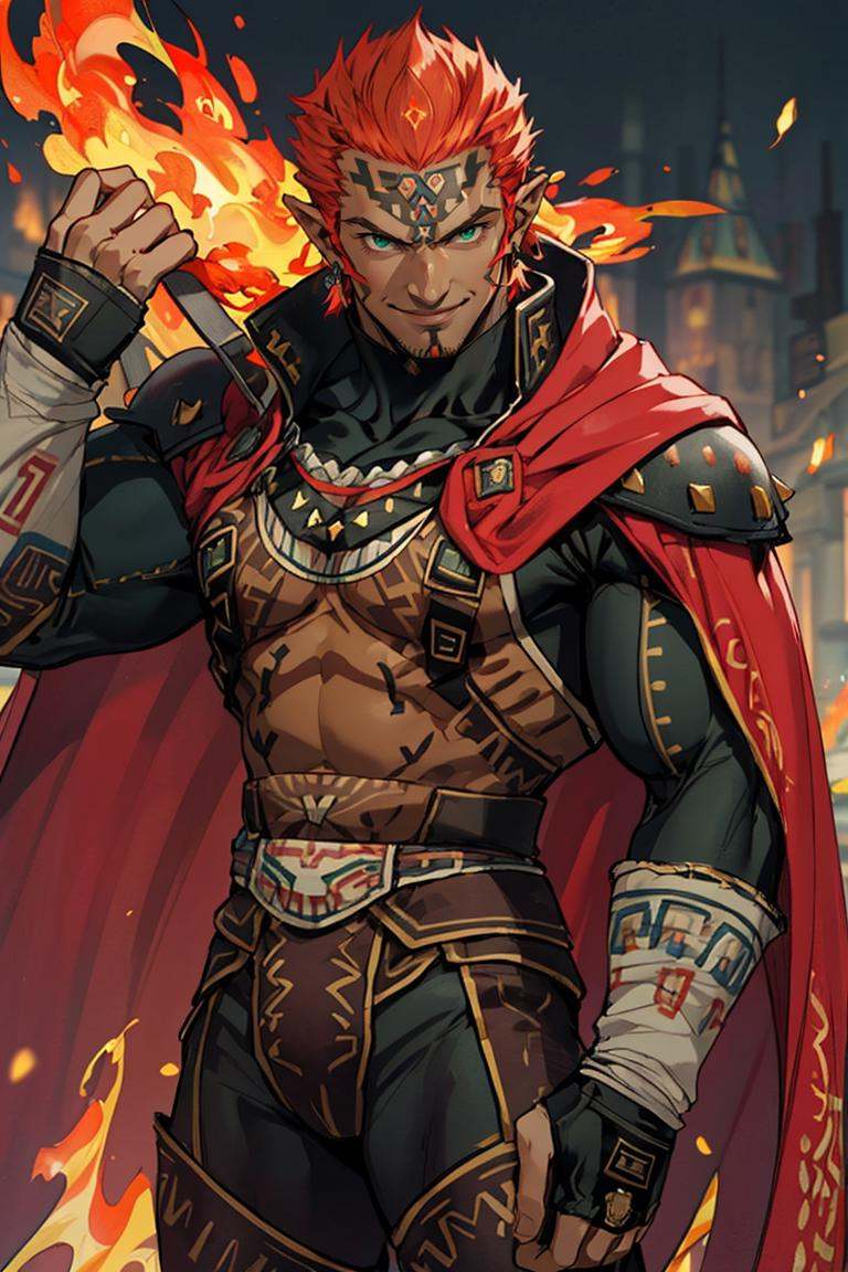 ((masterpiece,best quality)), muscular ,<lora:OoT_Ganondorf_Zelda_Anime:0.8>, OoT_Ganondorf_Zelda, solo, (green skin), cape,solo, 1boy, young handsome face,(fire:1, fiery hair,)solo, smiling, looking at viewer, cowboy shot,