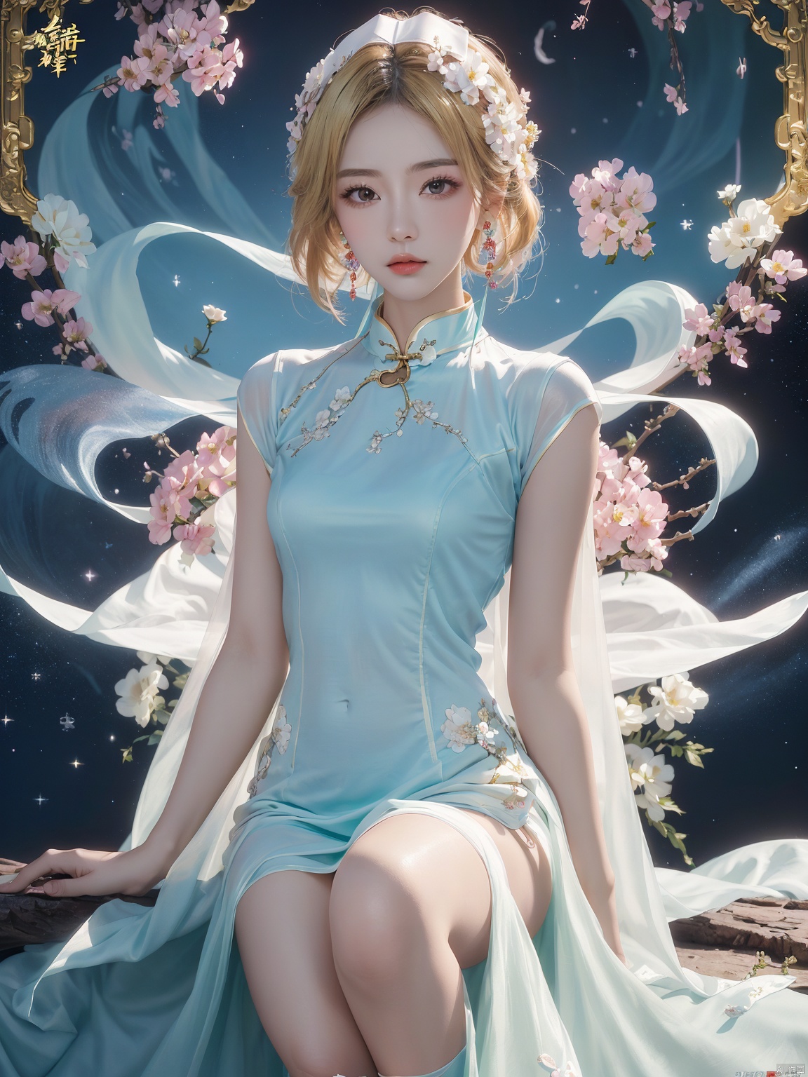  1 girl,****_female , (medium breasts:), upper body,(masterpiece, top quality, best quality, official art, beautiful and aesthetic), (1girl),extreme detailed eyes, (fractal art:1.3), highest detailed, (perfect face), shiny skin, HDR, galaxy, (light streaks), striking visuals,tutututu, see-through, (cheongsam), cheongsam, tutututu, girl,red earrings,red jewelry, 1 girl, blonde hair,1girl, Nebula, Trainee Nurse