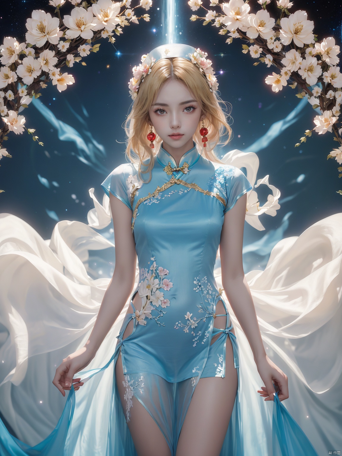  1 girl,****_female , (medium breasts:), upper body,(masterpiece, top quality, best quality, official art, beautiful and aesthetic), (1girl),extreme detailed eyes, (fractal art:1.3), highest detailed, (perfect face), shiny skin, HDR, galaxy, (light streaks), striking visuals,tutututu, see-through, (cheongsam), cheongsam, tutututu, girl,red earrings,red jewelry, 1 girl, blonde hair,1girl, Nebula, Trainee Nurse