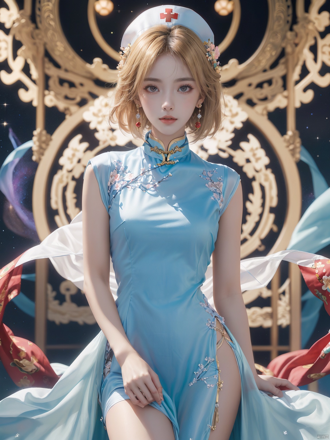  1 girl,****_female , (medium breasts:), upper body,(masterpiece, top quality, best quality, official art, beautiful and aesthetic), (1girl),extreme detailed eyes, (fractal art:1.3), highest detailed, (perfect face), shiny skin, HDR, galaxy, (light streaks), striking visuals,tutututu, see-through, (cheongsam), cheongsam, tutututu, girl,red earrings,red jewelry, 1 girl, blonde hair,1girl, Nebula, Trainee Nurse