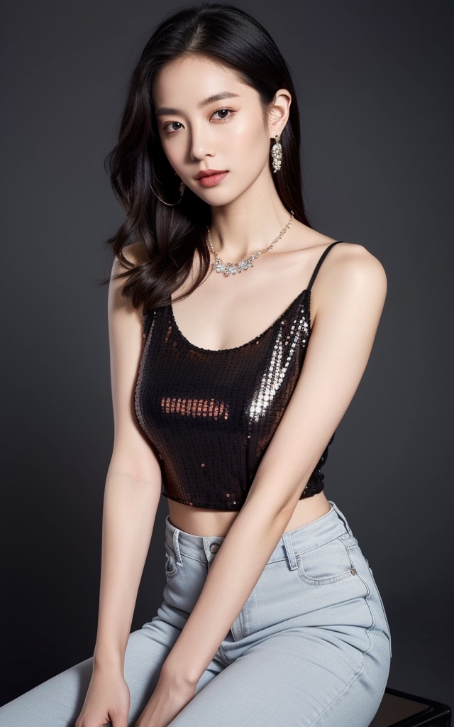 breathtaking ((Sequin blazer, silk **** top, wide-leg pants, crystal jewelry)),(((cowboy shot))),1girl,3d,masterpiece,best quality,ultra highres,sharp focus,professional,delicate,finely detailed,detailed skin,professional lighting,mature,idol,confident pose,makeup,style of alessandro michele,looking at viewer,((simple background)),((light blue ashes background:0.6)), . award-winning, professional, highly detailed
