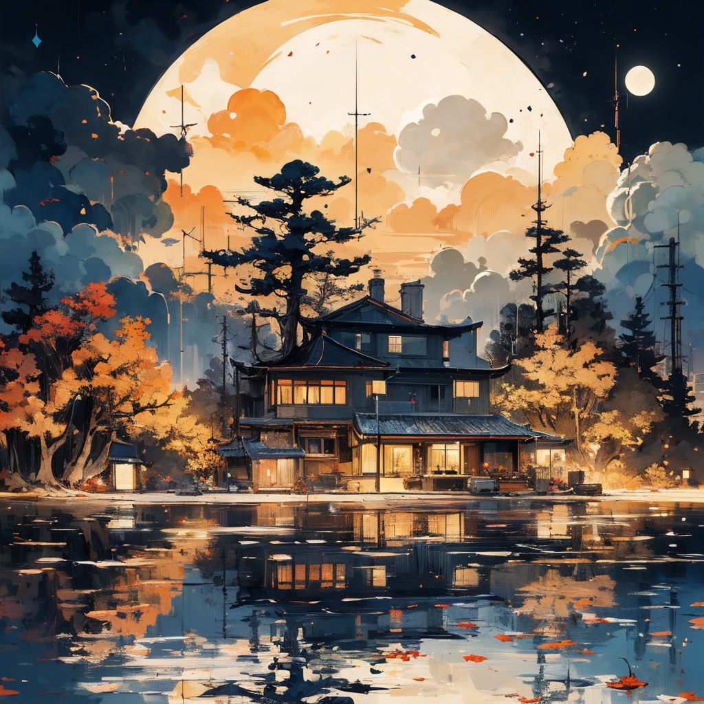 msaibo, no humans, cloud, reflection, tree, scenery, moon, sky, building, outdoors, leaf, autumn leaves, full moon, cloudy sky, power lines