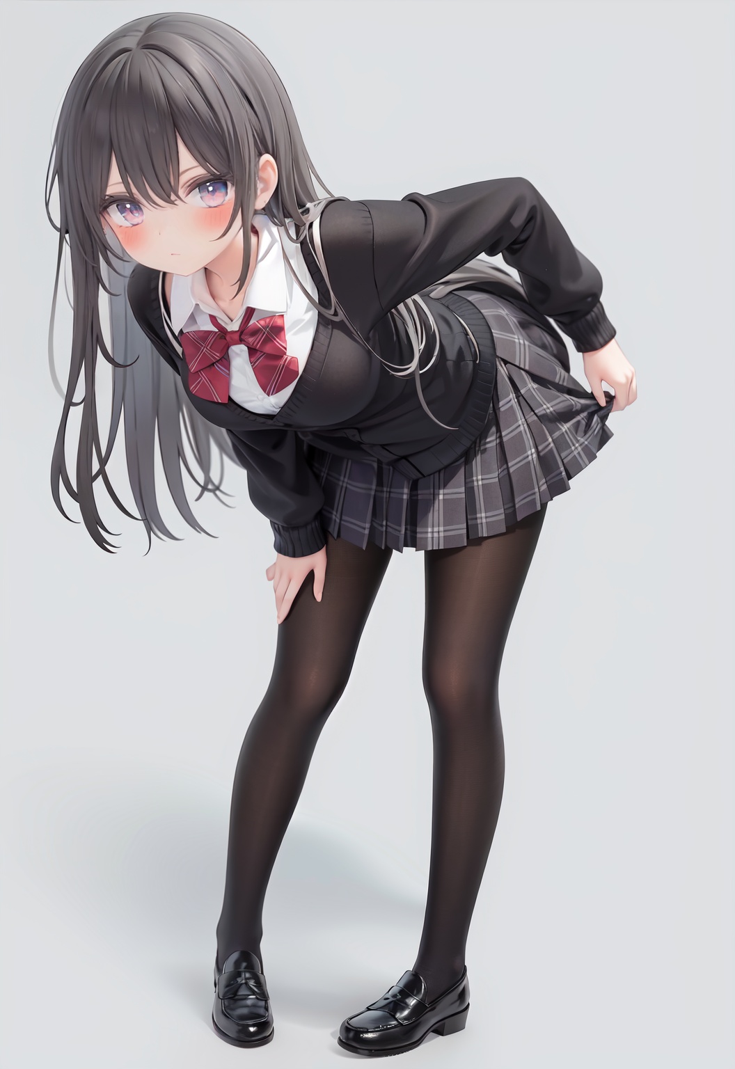  1girl, solo, pantyhose, skirt, long hair, loafers, shoes, simple background, school uniform, brown eyes, plaid, black pantyhose, plaid skirt, looking at viewer, black hair, pantyhose pull, full body, clothes pull, black footwear, pleated skirt, leaning forward, bangs, long sleeves, bent over, cardigan, bow, bowtie, standing, closed mouth, pulled by self, grey background, blush, miniskirt, red bow, sweater, **********