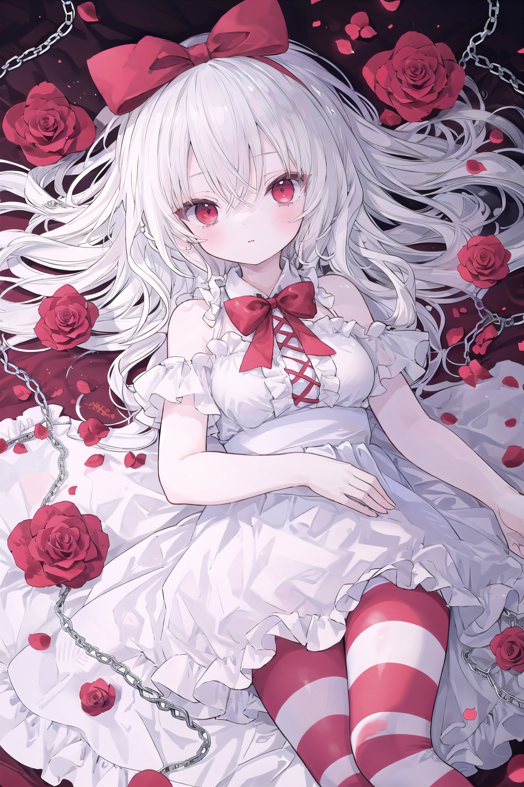1girl, solo, long_hair, breasts, looking_at_viewer, blush, bangs, red_eyes, dress, bow, ribbon, hair_between_eyes, bare_shoulders, medium_breasts, flower, white_hair, hair_bow, pantyhose, lying, frills, striped, on_back, bowtie, white_dress, red_bow, petals, feet_out_of_frame, rose, chain, frilled_dress, red_flower, red_bowtie, red_rose, striped_pantyhose, red_pantyhose<lora:onineko-000013:0.6>