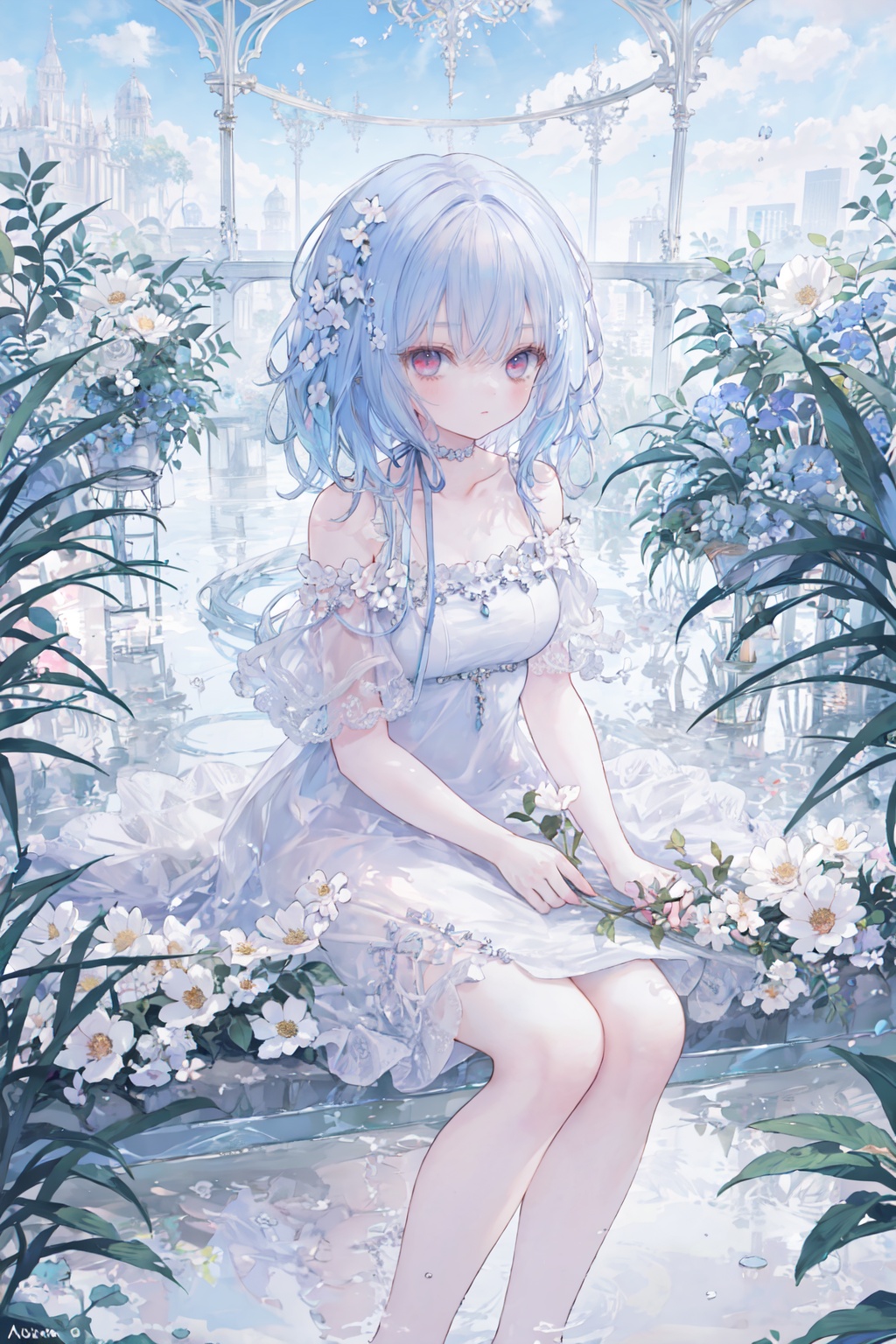  best quality, masterpiece, illustration,(reflection light),incredibly absurdres,(Movie Poster),(signature:1.3),(English text:1.3), 
1girl, girl middle of flower,pure skyblue hair, red eyes,clear sky, outside,collarbone, loli,
sitting, absurdly long hair, clear boundaries of the cloth, white dress, fantastic scenery,
ground of flowers, thousand of flowers, colorful flowers, flowers around her, various flowers