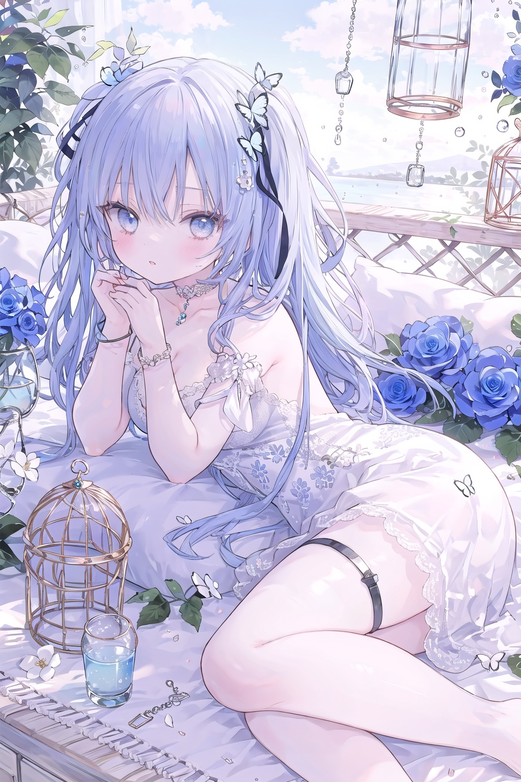 1girl, solo, long_hair, breasts, looking_at_viewer, blush, bangs, blue_eyes, hair_ornament, dress, ribbon, bare_shoulders, jewelry, blue_hair, hair_ribbon, flower, lying, parted_lips, barefoot, choker, cloud, indoors, hair_flower, off_shoulder, white_dress, bracelet, two_side_up, book, hands_up, thigh_strap, feet_out_of_frame, rose, on_side, bug, plant, white_flower, butterfly, white_rose, blue_butterfly, cage, birdcage<lora:onineko-000013:0.6>