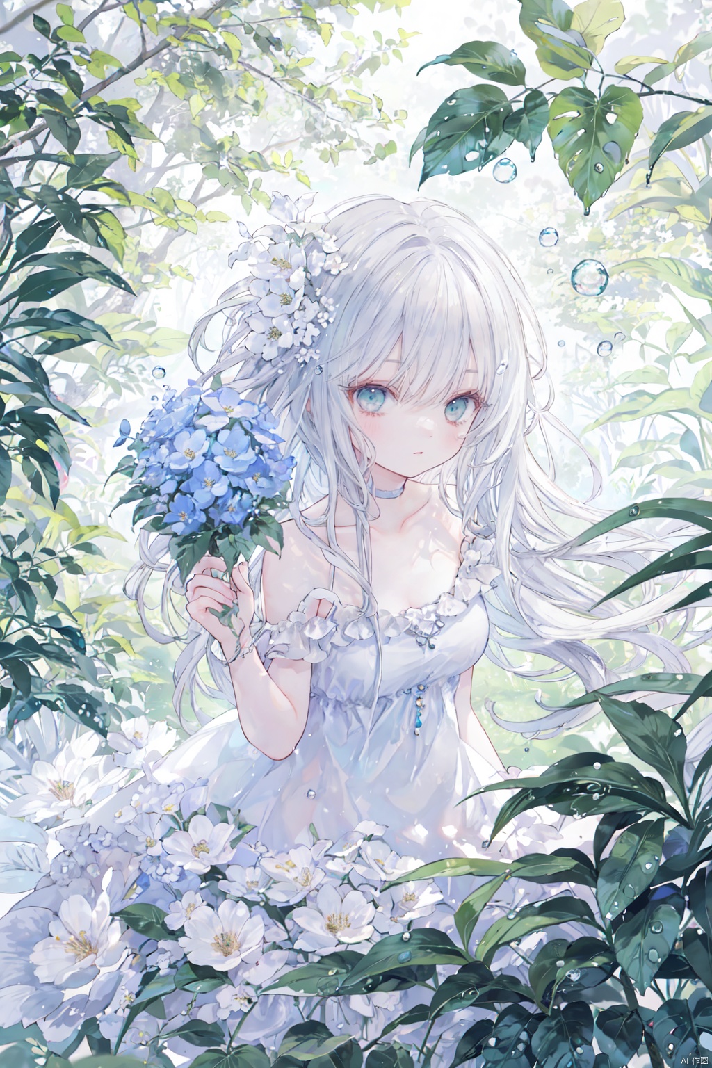  1girl,(low_angle),water spray, leaf,flowers,forest,droplets,sea,droplets, white dress,best quality ,masterpiece, illustration, an extremely delicate and beautiful, extremely detailed ,CG ,unity ,8k wallpaper,GRASS, hair flower, cute,scene depth,bare arms, holding flower, collarbone,