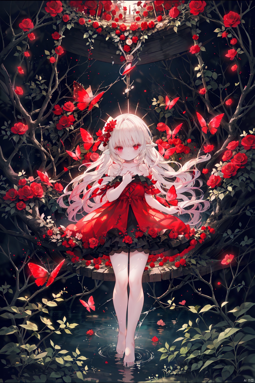  masterpiece,best quality,absurdres, incredibly absurdres, best quality, wallpaper, extremely detailed cg unity 8k wallpaper,, , , , ,noble,elegance,light rose red long hair,Rose red dress,nsfw,((((red Theme)))),((((Many red violets)))),Glowing red,mystery,Quiet,(((((A sea of red flowers))))),((((In a big darkness cave)))),Amethyst,((lake)),gorgenous light,light rays, a breathtaking view,(((((darkness))))),star,In a huge, dark cave,dream,((underground)), ,water,((pointy ears)),red mushroom,starlight,star,(little red flowers),((((many red cane vine)))),(((many little red butterfly))),red grass,(((many red petal))),
, backlight