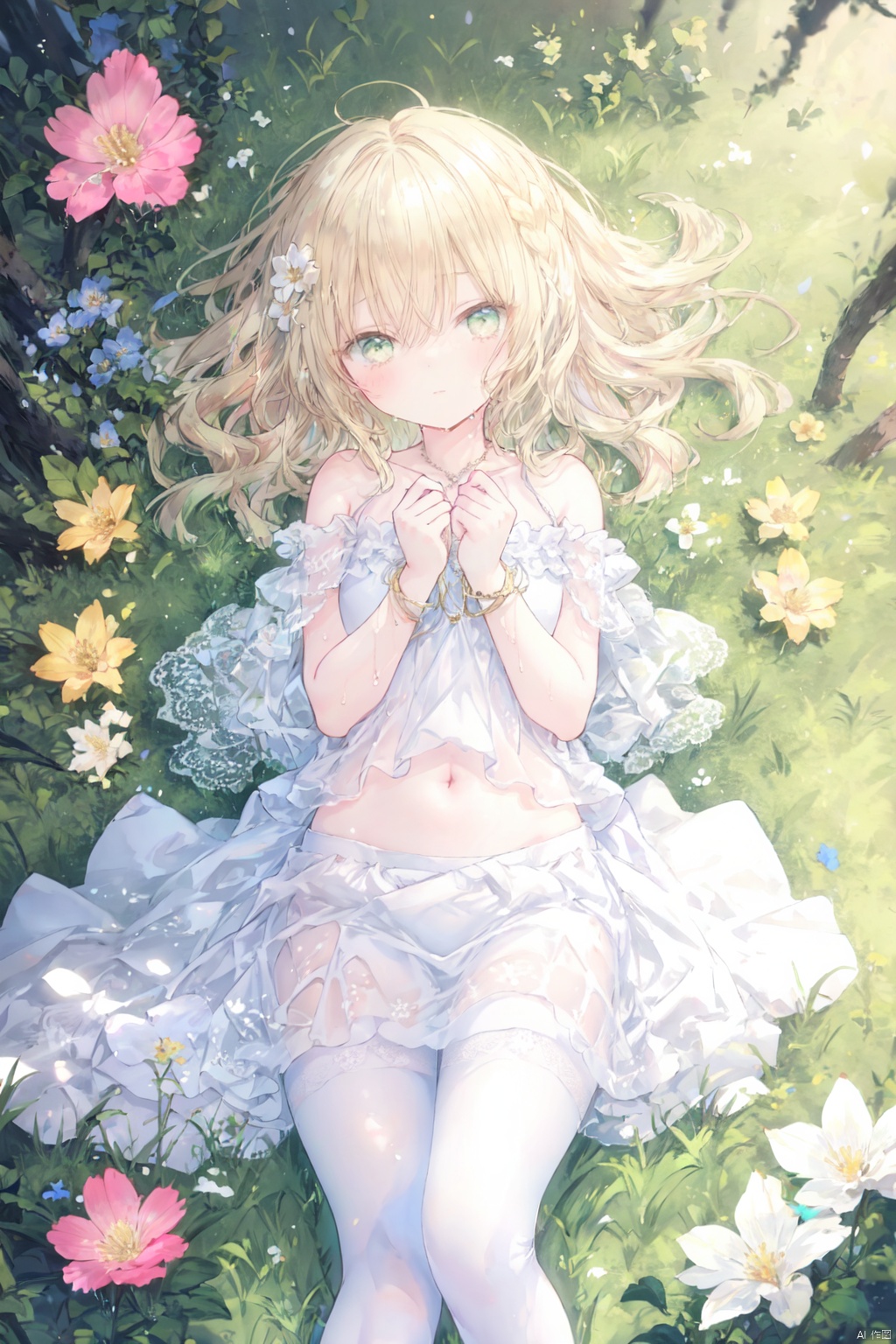  (from above),(solo),(loli,liitle girl:1.3),an extremely delicate and beautiful girl,cute,light golden hair,bright and detailed eyes,green eyes,long hair flowing with the wind,long bangs between eyes,messy hair,payot,french braid,see-through, see-through white dress,tulle lace white skirt,beautiful hair ornaments,delicate wet skirt,navel,bare legs,barefoot,lying on ground,knees up, no shoes,( half-closed eyes), spoken heart,white thighhighs, (drizzle),(flower field),nature, painting, Flowers and grass meadow, sunset, blue sky,(falling petals),white pantyhose.