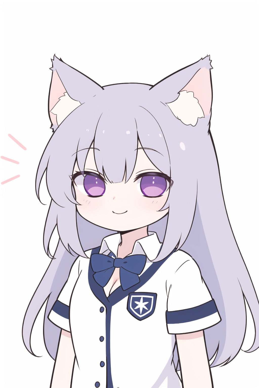 cleavage, (cat ears), half-closed eyes
, school uniform, 1girl, solo, looking at viewer, flower, long hair, bangs, closed mouth, simple background, white background, upper body, white hair, hair intakes, 
purple eyes, expressionless, eyelashes, best quality, smile, White cat ears