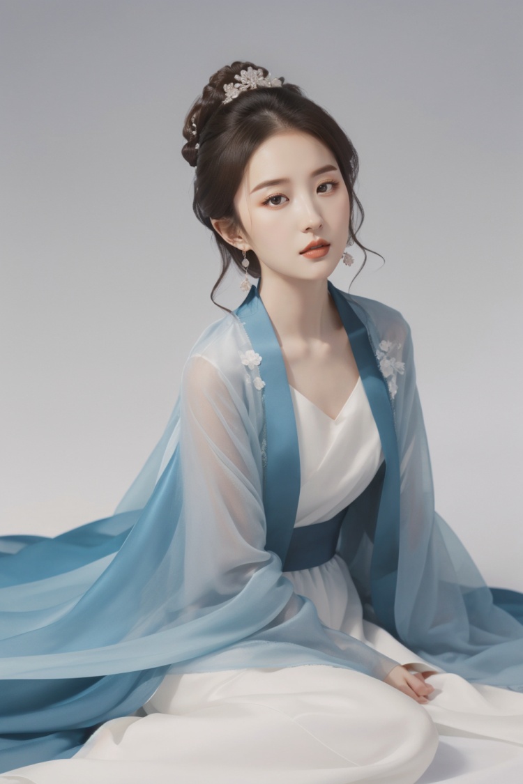 1girl,White silk,Short hair ,Gown,blue,flower,,huaqiang,,Low Angle,, huaqiang, shuimo, xiayuhe, ZYM