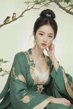  a woman in a green dress sitting on a tree branch with a bird flying over her head and a bird flying over her head,1girl,hanfu,hair ornament,black hair,long sleeves,chinese clothes,shawl,holding,jewelry,solo,long hair,full body,dress,tassel,earrings,tree,forehead mark,wide sleeves,breasts,hair stick,flower,hair bun,green dress,cleavage,bird,closed mouth,norfleet,Best quality,masterpiece,ultra high res, chinese clothes