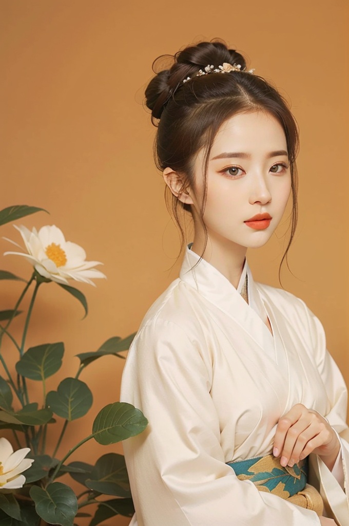  breathtaking 1girl,solo,flower,hair bun,hanfu, award-winning,professional,highly detailed,