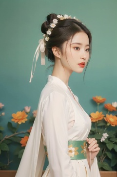 cinematic film still breathtaking 1girl,solo,flower,hair bun,hanfu, award-winning,professional,highly detailed, . shallow depth of field, vignette, highly detailed, high budget, bokeh, cinemascope, moody, epic, gorgeous, film grain, grainy