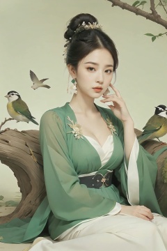  a woman in a green dress sitting on a tree branch with a bird flying over her head and a bird flying over her head,1girl,hanfu,hair ornament,black hair,long sleeves,chinese clothes,shawl,holding,jewelry,solo,long hair,full body,dress,tassel,earrings,tree,forehead mark,wide sleeves,breasts,hair stick,flower,hair bun,green dress,cleavage,bird,closed mouth,norfleet,Best quality,masterpiece,ultra high res, chinese clothes