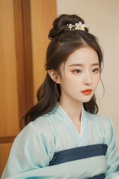 breathtaking 1girl,solo,flower,hair bun,hanfu, award-winning,professional,highly detailed,