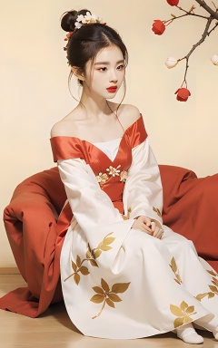  1girl,solo,flower,hair bun,hanfu,water,bare shoulders,black hair,chinese clothes,off shoulder,dress,long sleeves,hair ornament,branch,single hair bun,white flower,leaf,red lips,jewelry,,(complex background),(gorgeous costume:1.1),(flowers surround the picture:1.2),