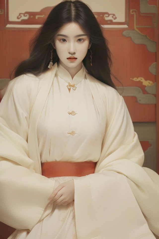  1girl,black_hair,Balenciaga model,looking at viewer,pale skin,blurry_background,realistic,solo,upper_body,, chinese clothes