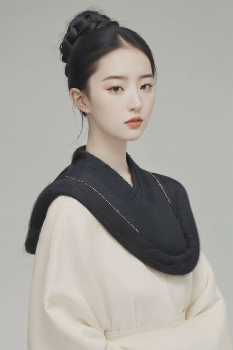  1girl,black_hair,Balenciaga model,looking at viewer,pale skin,blurry_background,realistic,solo,upper_body,,mongolian_style
