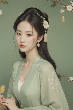  a woman in a green dress sitting on a tree branch with a bird flying over her head and a bird flying over her head,1girl,hanfu,hair ornament,black hair,long sleeves,chinese clothes,shawl,holding,jewelry,solo,long hair,full body,dress,tassel,earrings,tree,forehead mark,wide sleeves,breasts,hair stick,flower,hair bun,green dress,cleavage,bird,closed mouth,norfleet,Best quality,masterpiece,ultra high res, chinese clothes