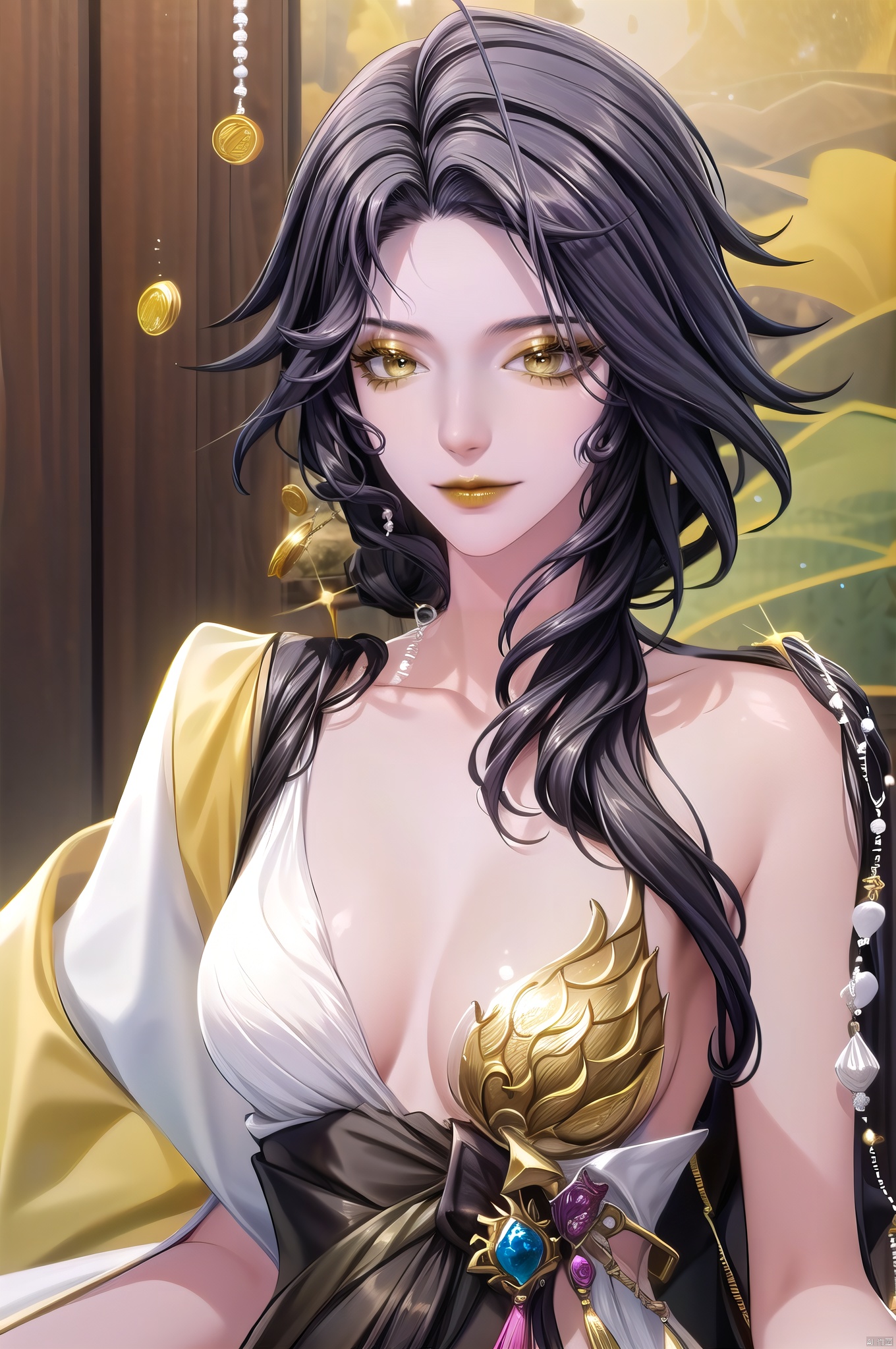 yuanshen, 1girl, coin, black hair, yellow eyes, beads, solo, pearl \(gemstone\), gold, gem, long hair, upper body, breasts, indoors, sparkle, pearl necklace, looking at viewer, jewelry, makeup, smile,nice hands,upper_body