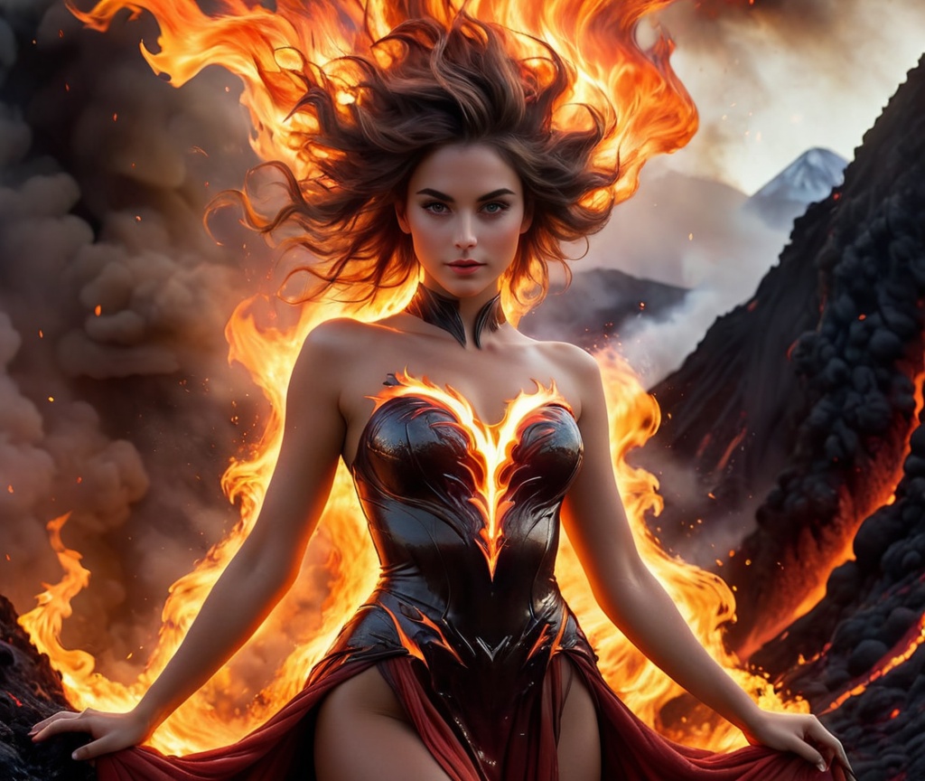 Imagine a woman handcrafted by the Gods: She's emerging from molten lava,  levitating above the heart of a volcano. She's...