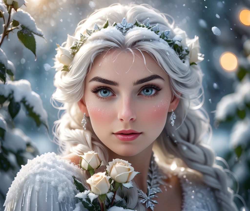 A close up portrait of The Snow Queen,  white roses covered with rime,  crystallized product photography on Tensor.Art