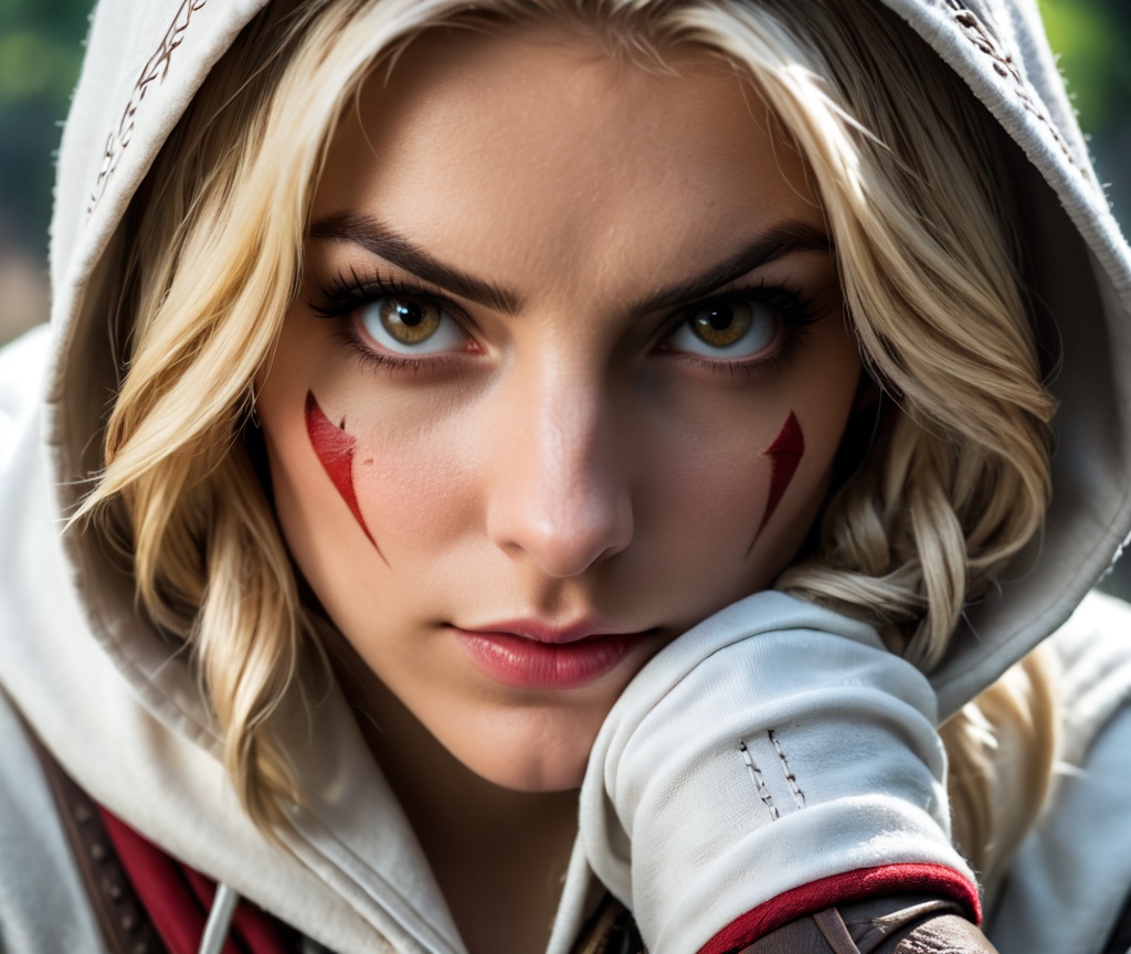 close up,  Cosplay of a blonde girl for the main character of the game Assassins Creed in hood ,  Nikon D750 on Tensor.Art