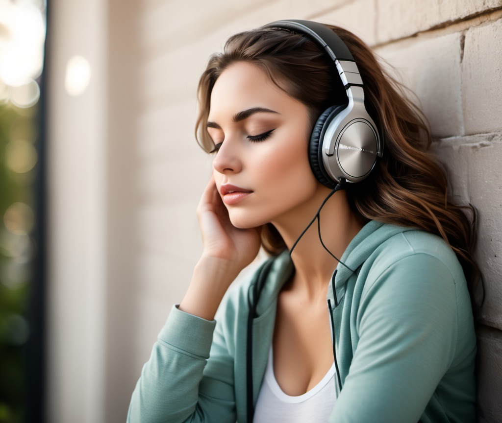 An image of a woman,  wearing headphones,  eyes closed on Tensor.Art