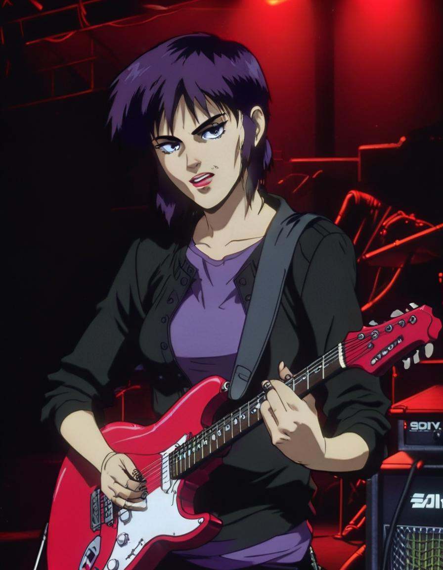 a Spanish female playing guitar in a club, rock band, concert <lora:NEOTOKIOXL_0.2_RC:1>