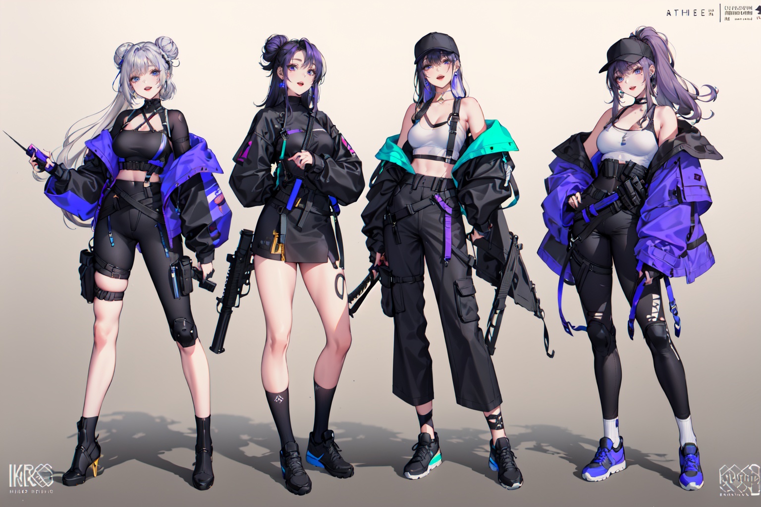 -cacao, weapon, gun, long hair, rifle, shoes, multiple girls, sneakers, socks, hat, 5girls, purple eyes, holding, holding weapon, black hair, assault rifle, pants, knee pads, blonde hair, breasts, jacket, holding gun, belt, hair bun, looking at viewer, skirt, choker, standing, short hair, ponytail, sword, gloves, grey hair, thighhighs, baseball cap, black footwear, double bun, submachine gun, fishnets, scope, off shoulder, bare shoulders, high heels, grey background, earrings, boots, jewelry, long sleeves, purple footwear, medium breasts, coat, fingernails, sheath, gradient, hand on hip, thigh strap, bangs, hood down, artist name, thigh pouch, sheathed, trigger discipline, gradient background, parted lips, midriff, hood, nail polish, black gloves, crop top, open mouth, blue eyes, open clothes, shirt, black jacket, purple hair, smile, sleeves past wrists, handgun, sniper rifle, black pants, katana, kneehighs, mole, fanny pack, zipper, fingerless gloves, h&k hk416, bag, holster, hair ornament, legs apart, collarbone, signature, brown eyes, black skirt, white shirt, sleeveless, yellow eyes, grey jacket, nike, closed mouth, grey pants, bandaid, cleavage, ar-15<lora:cacao-000018:0.8>,