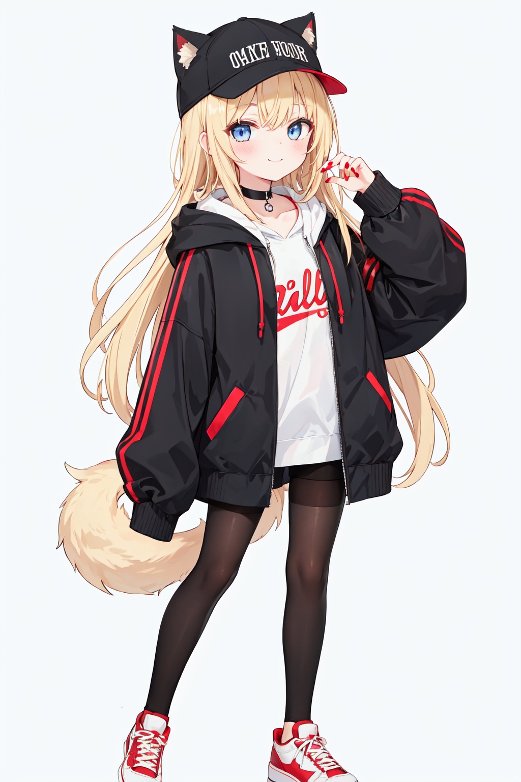  1girl, animal_ears, baseball_cap, black_legwear, blonde_hair, blue_eyes, choker, closed_mouth, collar, dog_tail,hand_in_pocket, hat, hat_with_ears, hood, hoodie, jacket, long_hair, long_sleeves, looking_at_viewer, nail_polish, open_clothes, open_jacket, red_footwear, red_nails, shoes, simple_background, smile, sneakers, socks, solo,