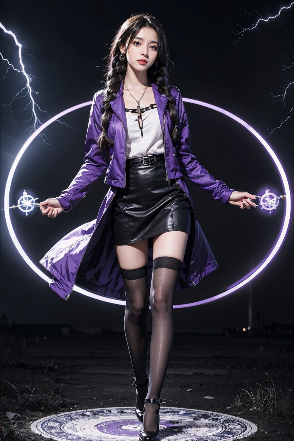  1girl,urple hair, purple eyes, glowing eyes, electricity,Silk stockings, jackets, lightning, Short skirt,Artifacts,purple magic, aura, full body,magic circle, braids,very long hair,hair flowe,tarry sky
