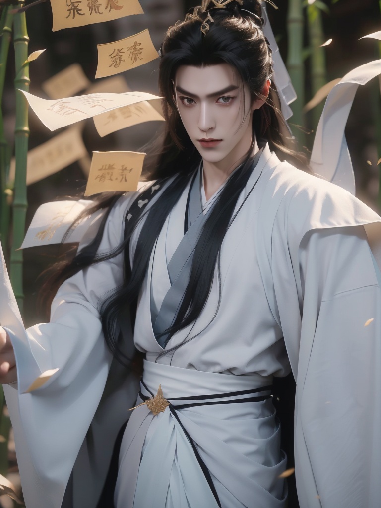 An ancient handsome man, (masterpiece), (highest quality), ultra-high resolution, (8K resolution), high details, first-person point of view, refined features, perfect face, male, single person, deep-set eyes, strong chin, long hair, traditional hair bun, holding a fan, volumetric lighting, (robe), (sash), calligraphy brush, waist-up portrait, traditional costume, gentle smile, (red), (black), (white), sideburns, furrowed brows, golden earring, (bamboo hat), standing in an elegant pose, facing left, with a serene expression.