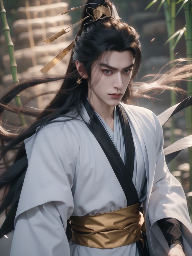 An ancient handsome man, (masterpiece), (highest quality), ultra-high resolution, (8K resolution), high details, first-person point of view, refined features, perfect face, male, single person, deep-set eyes, strong chin, long hair, traditional hair bun, holding a fan, volumetric lighting, (robe), (sash), calligraphy brush, waist-up portrait, traditional costume, gentle smile, (red), (black), (white), sideburns, furrowed brows, golden earring, (bamboo hat), standing in an elegant pose, facing left, with a serene expression.